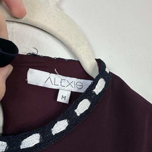 ALEXIS Rustam Ribbon-Trimmed Bell-Sleeve Shift Dress Plum Size Medium Autumn - Picture 6 of 10